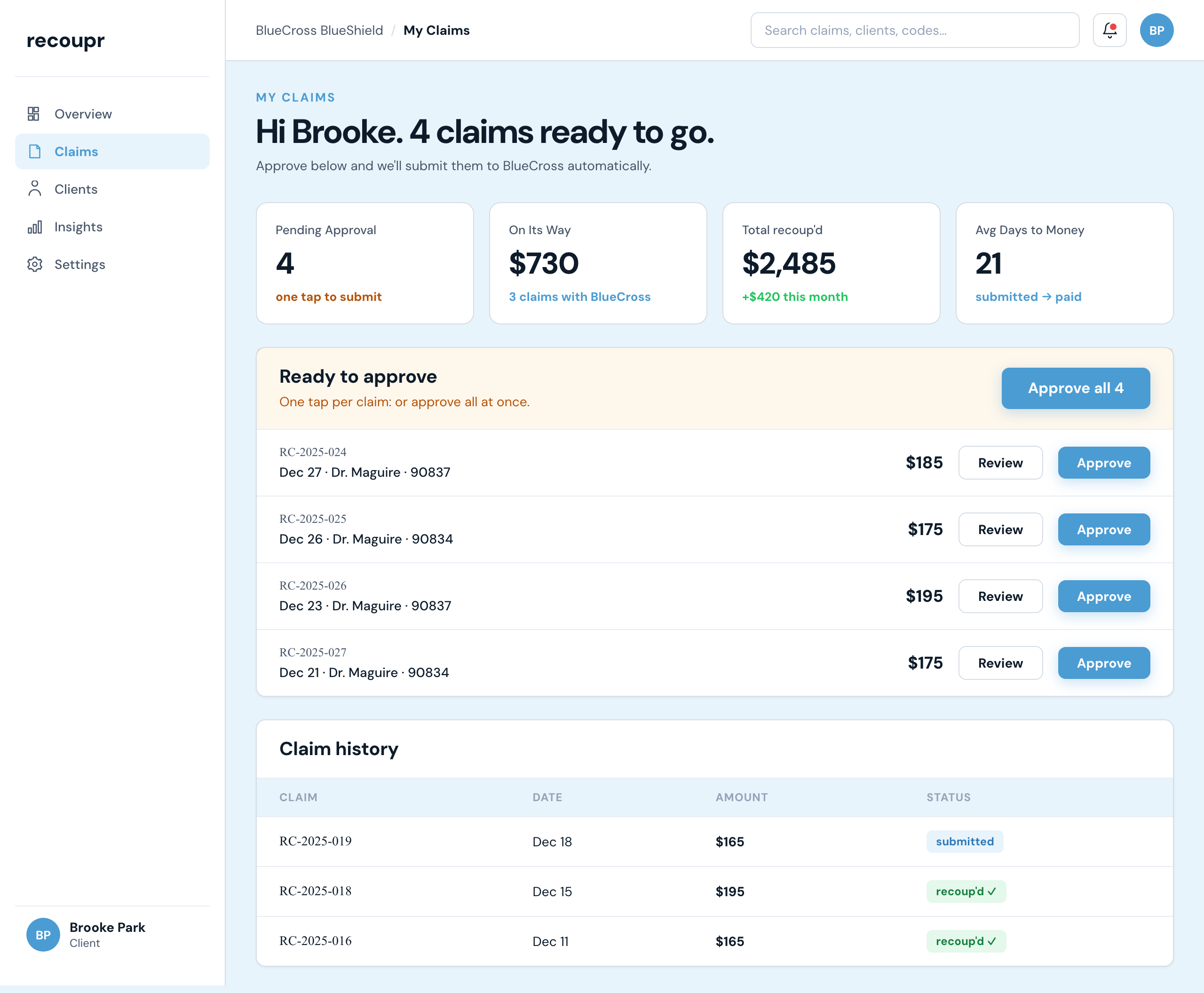 recoupr client portal: four claims ready to approve with one tap