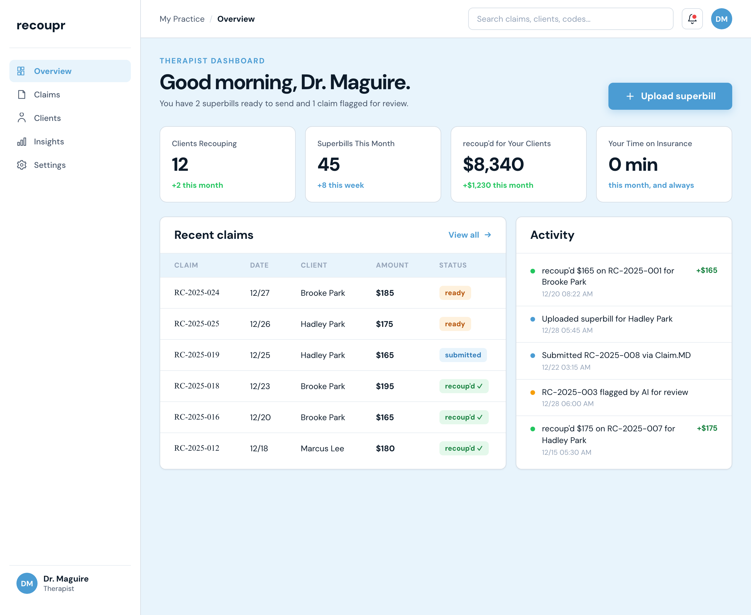 recoupr therapist dashboard: upload a superbill, everything else is handled